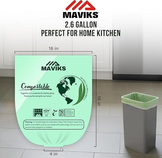 Super Durable Biodegradable Compostable Trash Bags 2.6 Gallons / 9.84 Liter, Green Biodegradable Trash Bags 100 Pcs, Small Kitchen Compost Bags for Countertop Bin, BPI & OK Compost Certified