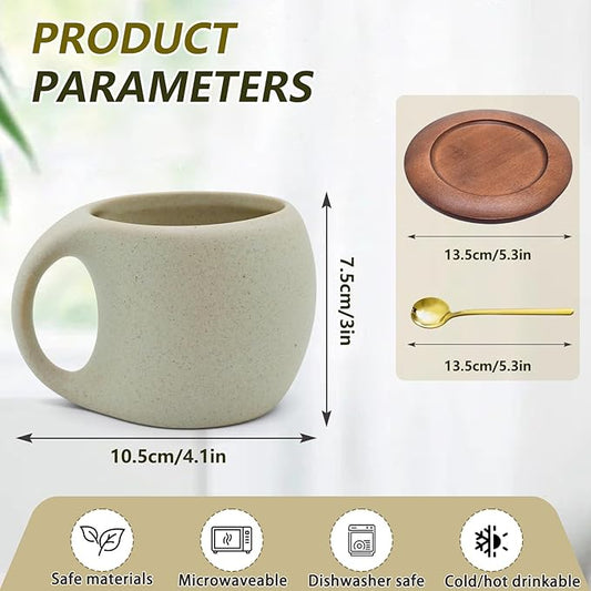 Ceramic Coffee Mug Set with Natural Wood Saucer & Spoon - 8.5 Oz Elegant Tea Cups for Latte, Hot Tea, Cappuccino, Milk - Microwave & Dishwasher Safe Cups for Men Women Birthday Christmas Gifts