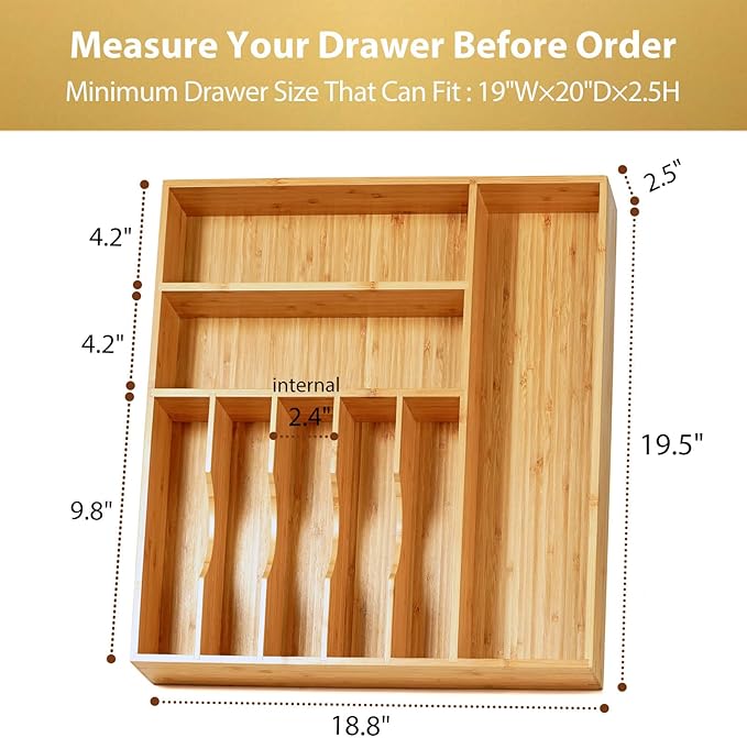 Umilife Large Kitchen Drawer Organizer, 19"x20" Silverware Utensils Organizer, 2.5" High for Large Deep Drawers, Bamboo Flatware Holder with Thick Frames, Sturdy Kitchen Organization Tray