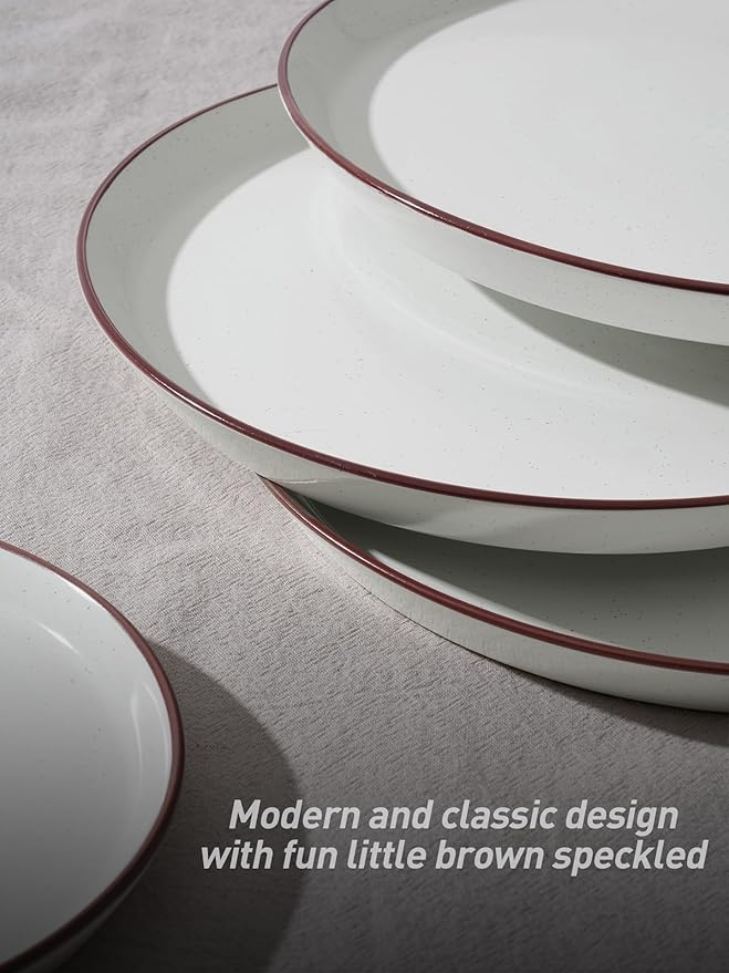 Famiware Saturn Dinnerware Sets, Speckled Plates and Bowls Sets for 4, 12 Pieces Stoneware Dish Set - Chip and Scratch Resistant, Microwave and Dishwasher Safe Tableware Set, White with Rim