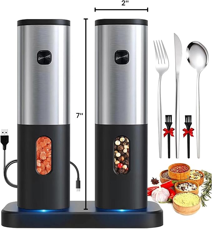 Rechargeable Electric Salt and Pepper Grinder Set with Charging Base, DERGUAM Stainless Steel Pepper Grinder with Adjustable Coarseness and Led Light