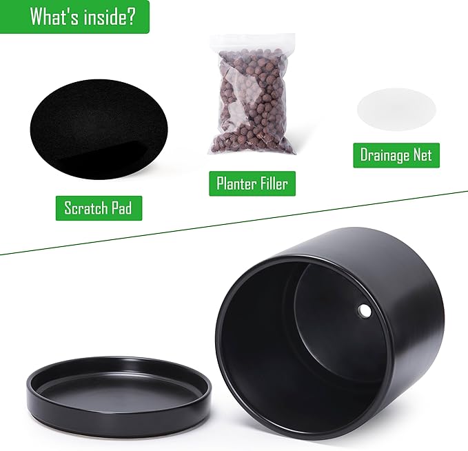 D'vine Dev 10 Inch Ceramic Planter Pot with Drainage Hole and Saucer, Indoor Cylinder Round Planter Pot, Black, 94-O-E-2