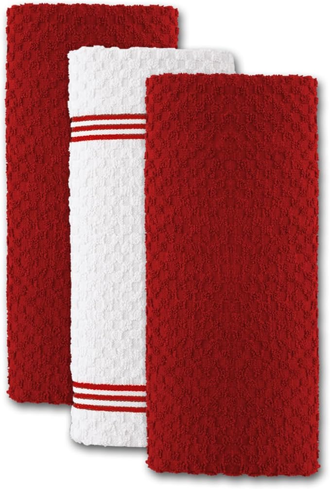 Infinitee Xclusives Premium Kitchen Towels – Pack of 3, 100% Cotton |15 x 25| Inches Absorbent Dish Towels - Terry Kitchen Dishcloth Towels - Red Dish Cloth for Household Cleaning