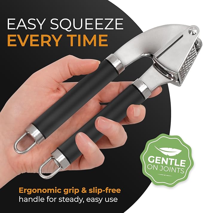 ORBLUE Garlic Press Stainless Steel - Premium Professional Grade Garlic Mincer, Crusher & Peeler Set - Easy Clean, Dishwasher Safe & Rust-proof, Black