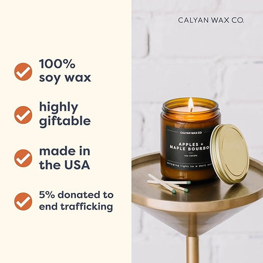 Calyan Wax Co. Musk & Teakwood Scented Candle - 57 Hour Burn - Luxury Non Toxic Soy Wax Candles - Long Lasting Amber Glass Jar Candle for Home - 7.2oz