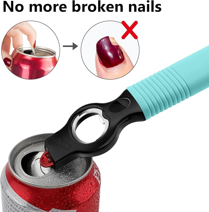 2-Pack Magnetic Beer Bottle Opener & Soda Can Opener, 2-in-1 Bottle Opener and Can Tab Opener Tool for Bartender, Long Nails, Arthritis, Seniors, Silicone Handle with Build in Magnet - Aqua