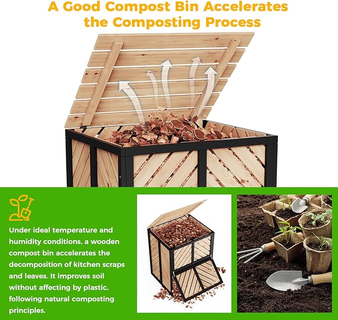 115 Gallon Solid Wood Composter, Outdoor Compost Bin with Pull-Out Door and Flip-Top Lid, Heavy Duty Composting Bin for Outside Backyard, Garden, Patio, Natural
