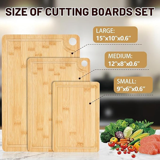 Sentk 3Pcs Bamboo Cutting Boards for Kitchen,Wooden Cutting Boards with Juice Grooves,Built-in Handles & Hanging Holes,Knife Friendly,Ideal for Chopping Meat、Vegetables and Fruit Serving,Kitchen Gift