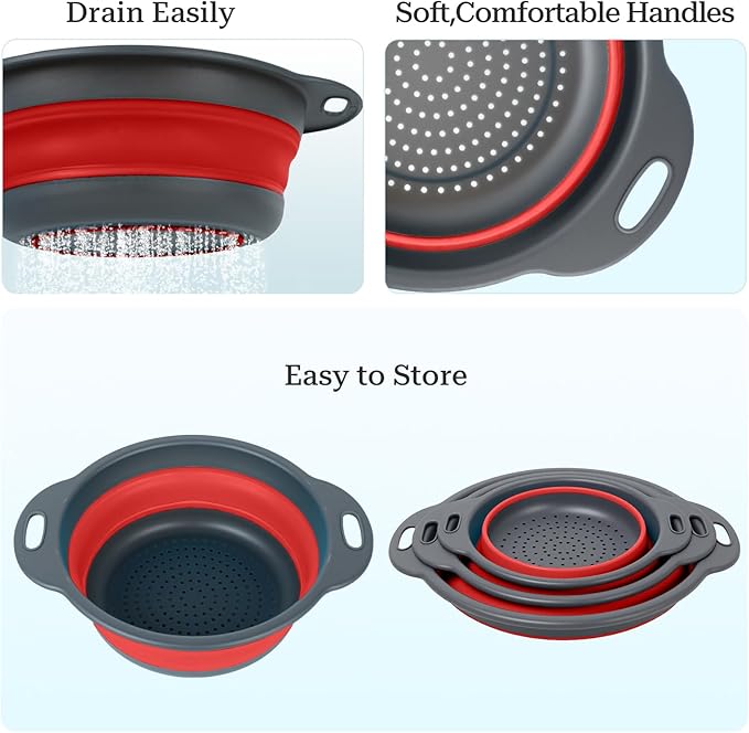 Collapsible Colander 3-Pack Set Space-Saving Foldable Kitchen Strainer with Non-Slip Base Durable Thickened PP+TPE Collapsible Strainers for Pasta, Vegetables, Fruits (Gray-Red)