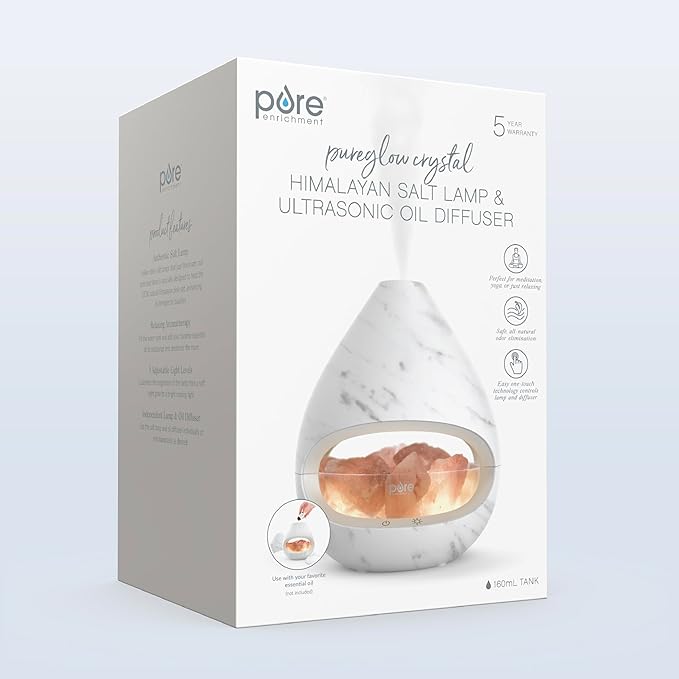 Pure Enrichment® PureGlow™ Crystal - 2-in-1 Himalayan Salt Lamp & Ultrasonic Essential Oil Diffuser, Original Salt Therapy Lamp, 100% Pure Himalayan Salt, Ambient Glow, 160 mL 16-Hour Tank (Marble)