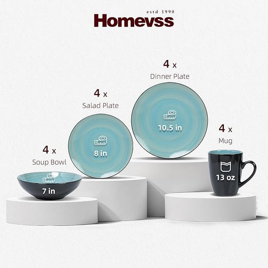Sonoma 16 Piece Stoneware Dinner Set, Outside Black + Inside Handpainted Color Turquoise with speckle