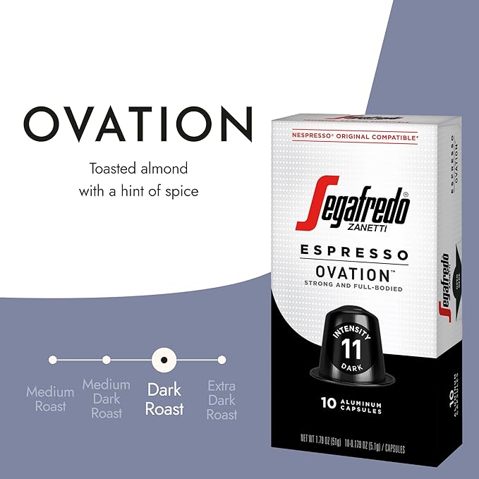 Segafredo Zanetti Espresso Capsules – Aluminum Pods for Nespresso Original Machines – Dark Roast Premium Espresso with a Full-Bodied Aroma – Strong, Intensity 11 – Ovation, 10 Count (Pack of 2)