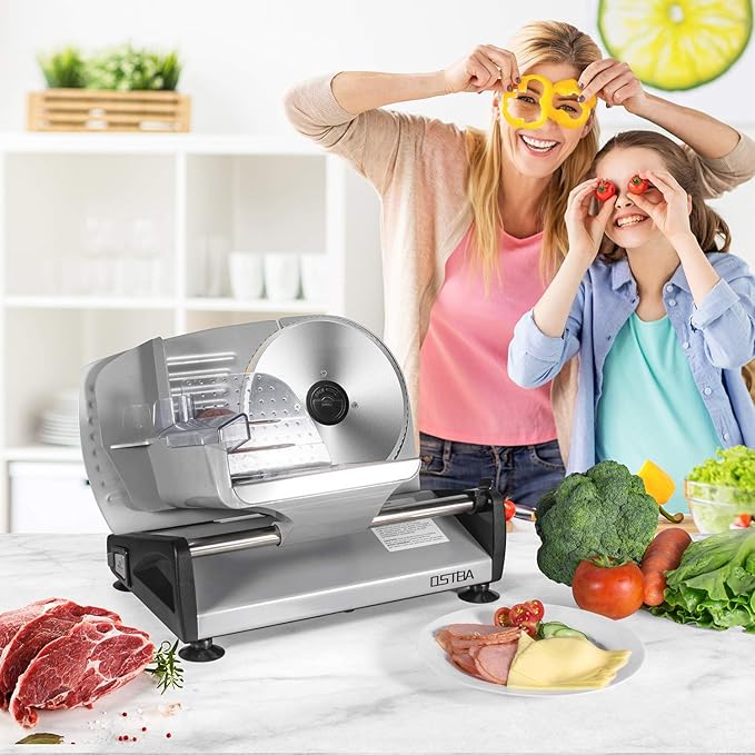 OSTBA Meat Slicer Electric Deli Food Slicer with Child Lock Protection, Removable 7.5’’ Stainless Steel Blade and Food Carriage, Adjustable Thickness Food Slicer Machine for Meat, Cheese, Bread(150W)