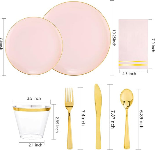 NOCCUR 350PCS Pink and Gold Plastic Plates - Pink Disposable Plastic Dinnerware Set for 50 Guests Include 50 Dinner Plates,50 Dessert Plates,150 Gold Cutlery,50 Cups&50 Napkins for Party&Wedding