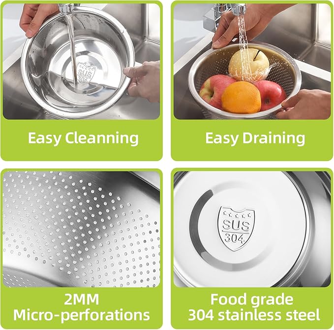 Colander Stainless Steel 304 with Mixing Bowls, 5QT Large Capability Strainers and Colanders for Kitchen, Pasta Strainer for Washing Vegetables, Fruit and Rice, Dishwasher Safe(2PCS)