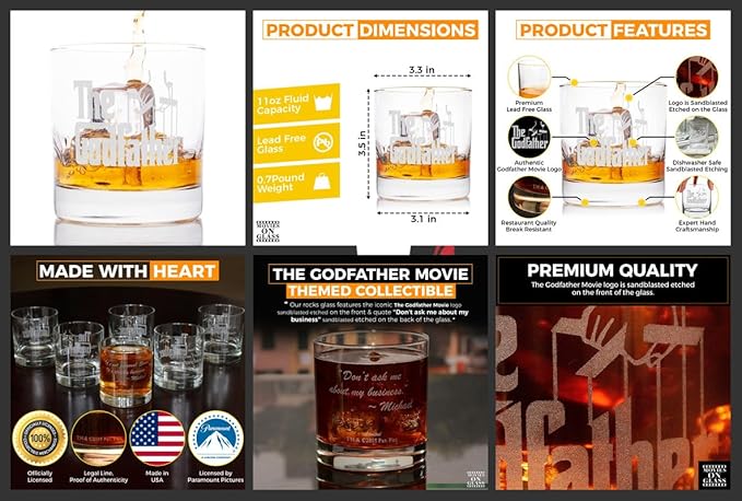Official Godfather Etched Whiskey Glass - with Logo & Quote ''Leave the gun. Take the cannoli'' - Premium Quality, Handcrafted Glassware, 11 oz. Perfect Collectible Rocks Glass
