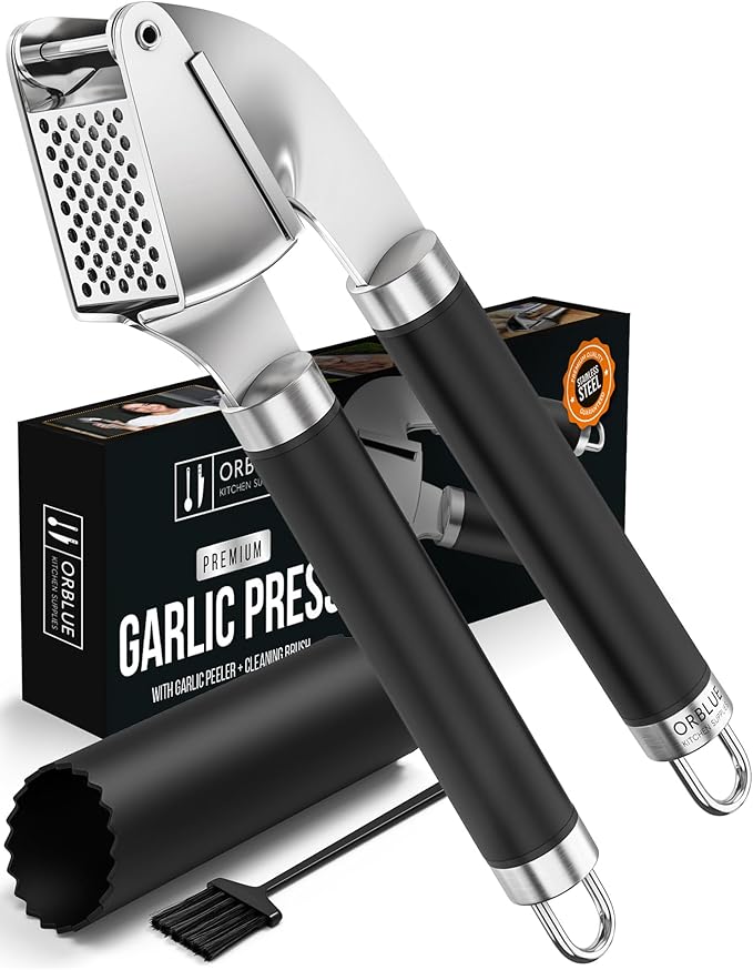 ORBLUE Garlic Press Stainless Steel - Premium Professional Grade Garlic Mincer, Crusher & Peeler Set - Easy Clean, Dishwasher Safe & Rust-proof, Black