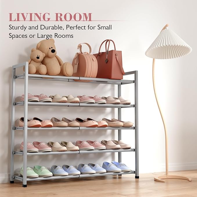 Bumusty 5-Tier Expandable Shoe Rack for Closet, 18“-33” Adjustable Shoe Rack for Small Space, Small Shoe Organizer for Front Door, Sturdy Metal, Light Grey
