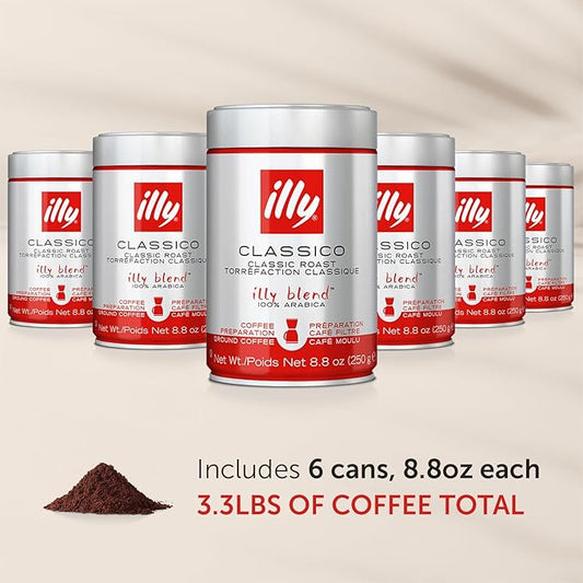 Illy Ground Drip Coffee - Classico Medium Roast - Mild & Balanced - 100% Arabica - Pre-Ground for Drip Pour Over - Pressurized Packaging Sealed for Freshness - 8.8oz (Pack of 6)
