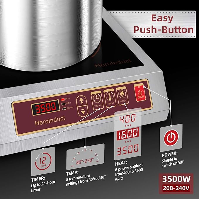 Induction Cooktop 208-240V 3500W Commercial Range Induction Burner Dual IGBT Modules 8 Heating Level Sensor Push-Button Premium Stainless Steel Housing Crystal Glass Electric Cooktop(Red)