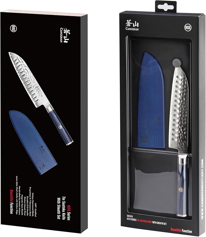 Cangshan KITA Series 7-Inch Santoku Knife with Sheath, High Carbon X-7 Damascus Steel, 501424