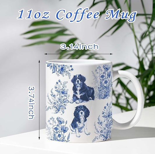 Cavalier King Charles Spaniel with Bernise Mountain Dog Blue French Toile Coffee Mug, Cavalier & Bernise Lover Gifts for Women, Blue Toile Coffee Cup, Birthday Gifts for Dogs Mom, Dog Dad, 11 oz