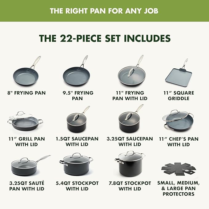 GreenPan 22 Piece Valencia Pro Ceramic Nonstick Cookware Set, PFAS-Free, Induction Ready, Hard Anodized Pots & Pans with Lids, Compatible on All Cooktops, Dishwasher & Oven Safe, Gray