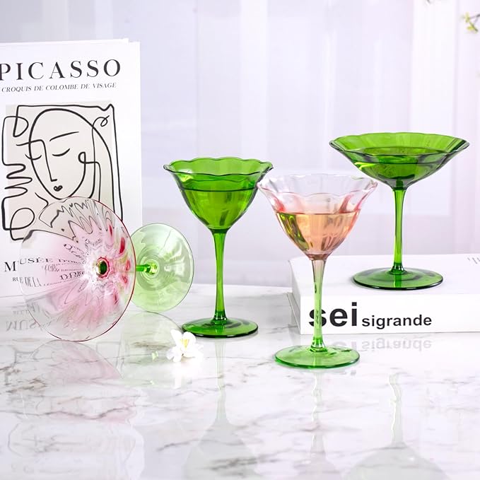 KAMMAK Martini Glasses Set of 2, 6.09 oz Clear Crystal Cocktail Glasses with Stem, Reusable Cocktail Glassware for Wedding Birthday Party, Bar, Margarita, Whiskey, Gin, Tequila, Green Cocktail