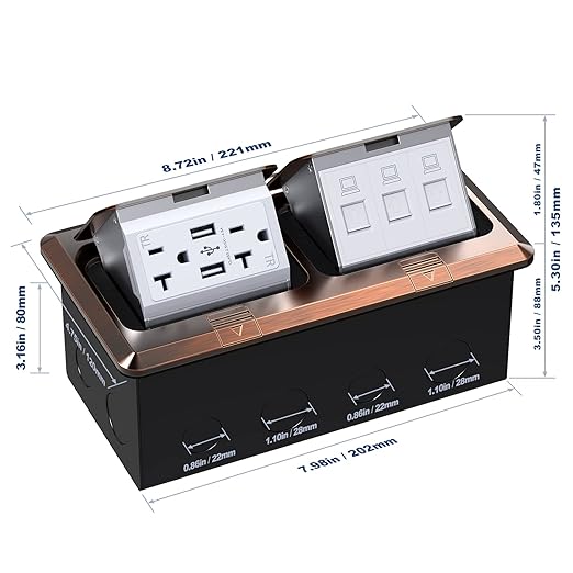 KYHSHJ Dual Pop-Up Floor Electrical Outlet Box Kit,20 Amp Stainless Steel USB TR Receptacle Outlet,3-Port RJ45 Datacom Receptacle, ETL Listed, Bronze