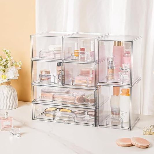 Vtopmart Stackable Storage Drawers Set of 5, Clear Plastic Organizer Bins for Baby Bottle, Beauty Supplies Storage, Ideal for Kichen Countertop, Vanity, Bathroom, Cabinet, Pantry Organization