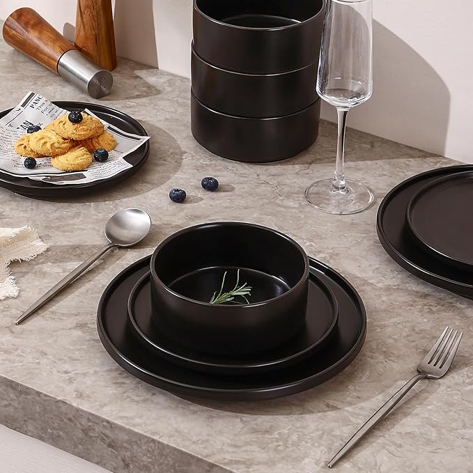 GZG Classic Series - Plates and Bowls Set for 8, 24 Piece Stoneware Dinnerware Sets, Microwave and Dishwasher Safe Lead-Free Handcrafted Ceramic Dishes Set - Matte Black