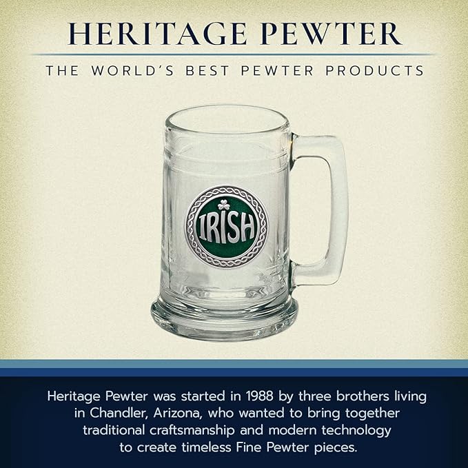 Heritage Pewter Irish Beer Stein Glass | 15 Ounce German-Style Beer Glass | Intricately Crafted Metal Pewter Alma Mater Inlay