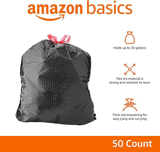 Amazon Basics Flextra Multipurpose Drawstring Trash Bags, 30 Gallon, 50 Count (Pack of 6)