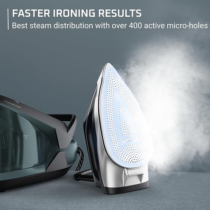 Rowenta Iron Steamer for Clothes Master Steam Station, Professional Steam Iron for Clothes with Stainless Steel Soleplate, 57 Oz, 400 Microsteam Holes, Built-In Pump, 1750 Watts, Black/Green, VR8338