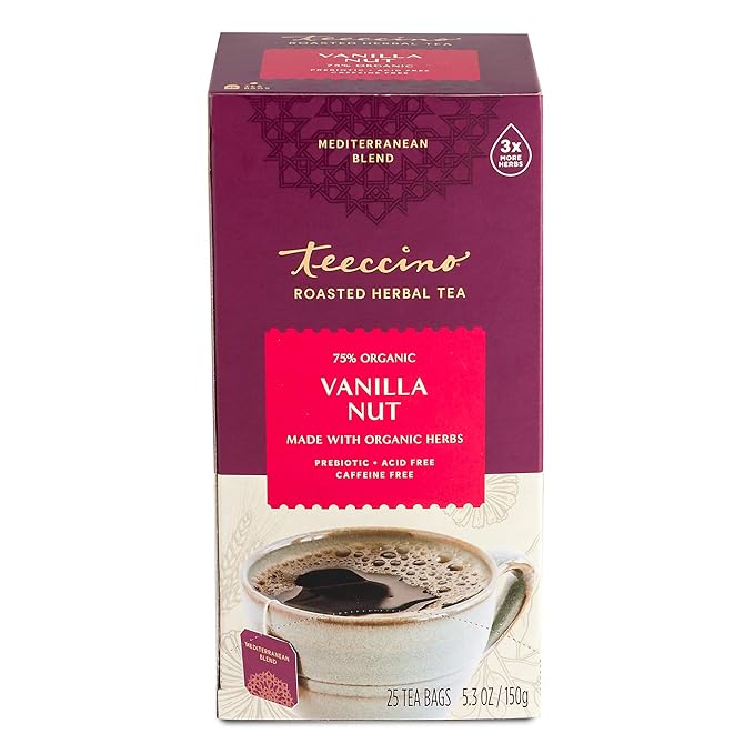 Teeccino Vanilla Nut Herbal Tea - Rich & Roasted Herbal Tea That’s Caffeine Free & Prebiotic for Natural Energy, 25 Tea Bags (Pack of 3)