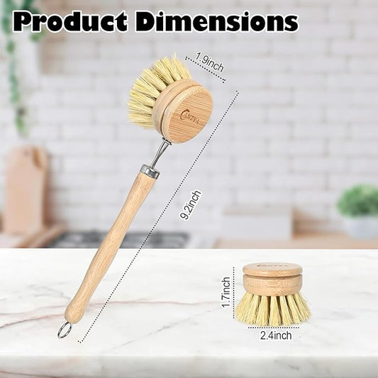 Bamboo Dish Brush with Handle 4 Replacement Heads, Eco Friendly Vegetable Scrubber, Compostable & Sustainable, Bamboo Dish Scrubber Brush for Cleaning Kitchen Utensils(Soft Bristles)