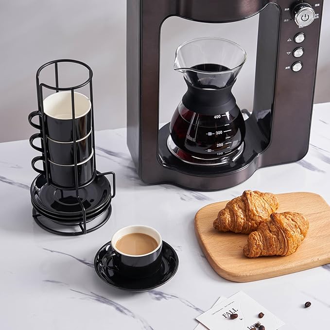 YOLIFE 2.5oz Porcelain Stackable Espresso Cups with Saucers and Metal Stand Set of 4, Stackable Cappuccino Cups, Black Expresso Shots Cup Set for Coffee Drinks, Latte, Tea