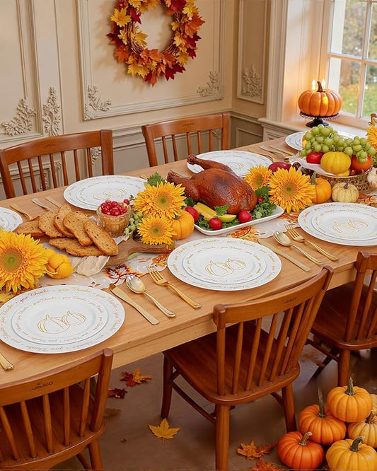 supernal 60pcs Thanksgiving Plastic Plates,Thanksgiving Plates with Gold Pumpkin Design, Fall Party Plate Bulk Include 7.5" Dessert Plate,10.25" Disposable Dinner Plato for Friendgiving Party