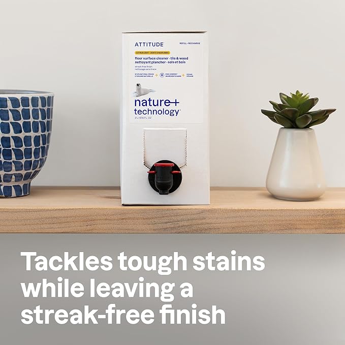 ATTITUDE Floor Cleaner Refill, EWG Verified, Streak-Free, Vegan & Plant-Based for Tile, Wood & Laminate Floors, Citrus Zest Scent, 67.6 Fl Oz (Pack of 4)