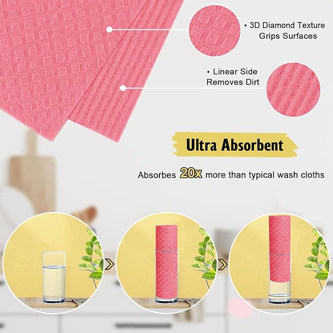 Swedish Dishcloths for Kitchen | 6 Pack Absorbent Cellulose Sponge Cloths Washable | Non-Scratch Reusable Paper Towels Quick Drying Cleaning Cloths - Pink