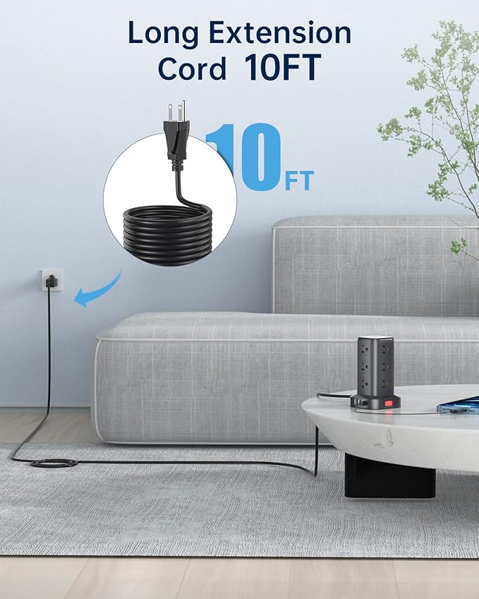 Surge Protector Power Strip 10 FT Cord, Power Strip Tower with 4 USB Ports (1USB C), Extension Cord with 12 AC Multiple Outlets, Home Office Supplies Desk Accessories, Dorm Room Essentials