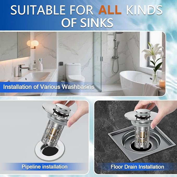 Bathroom Sink Drain Strainer, Pop Up Sink Drain Filter with Removable Stainless Steel Filter Basket Hair Catcher, Sink Drain Strainer, for Us Bathroom Sink Stopper Replacement