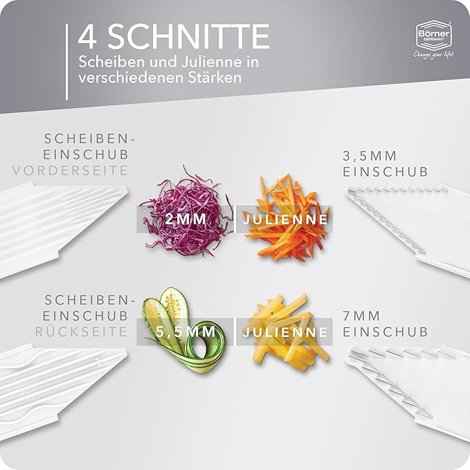 Börner V3 TrendLine Mandoline Starter Set (6 pcs.) • Vegetable Slicer (V-Slicer) + Safety Guard + Inserts + Collection Tray + Multibox • Kitchen Slicer Set (White)