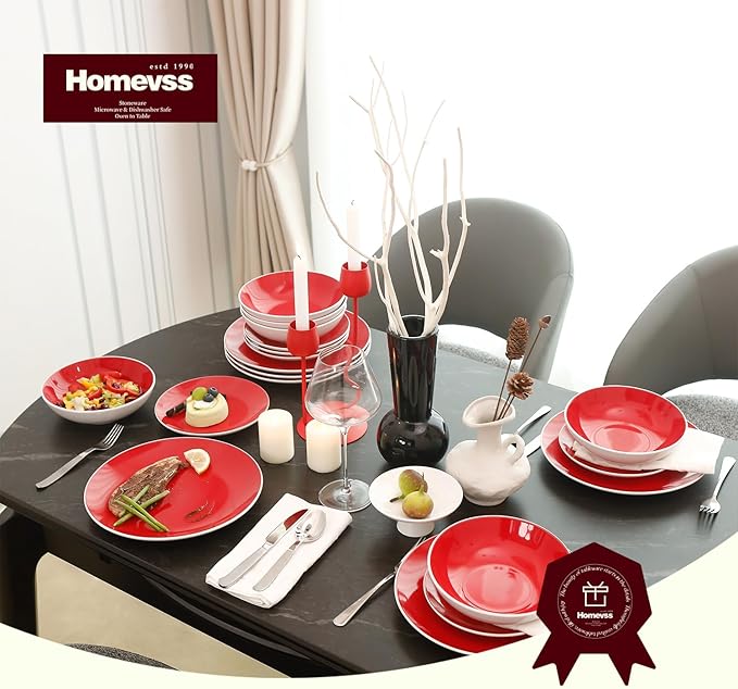 Stoneware Coupe Shape 18pc Dinnerware Set, Outside White + Inside Red