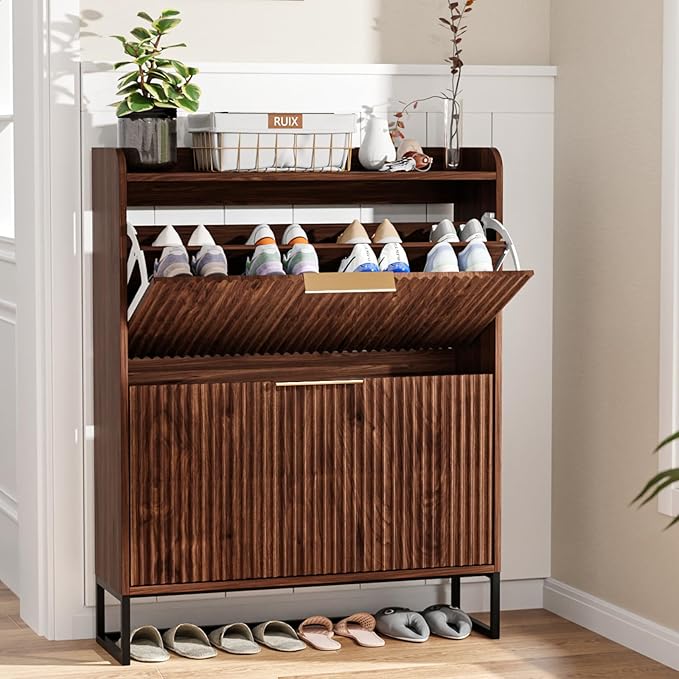 VINGLI Fluted Shoe Cabinet Storage for Entryway,Hidden Shoes Storage Cabinet with 2 Flip Drawers, Mid Century Modern Shoe Rack Organizer,Free Standing Shoes Organizer for Hallway(Dark Walnut)