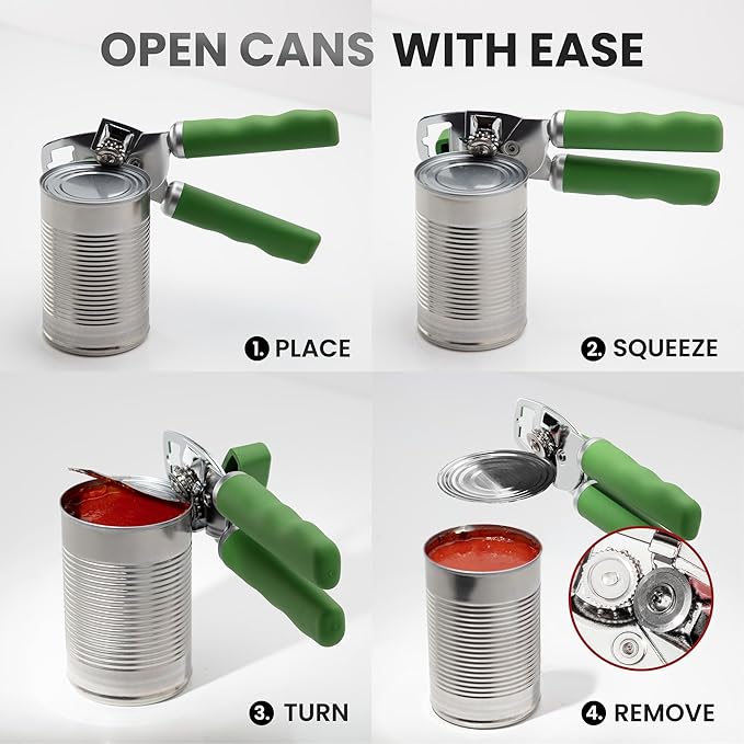 Zulay Kitchen Heavy Duty Stainless Steel Can Opener Manual with Bottle Opener - Rust Proof Manual Can Opener With Turn Knob & Comfy Soft Grip Handles - Artichoke Green
