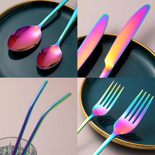 56 Pieces Mirror Rainbow Silverware Service for 8 Flatware Set Stainless Steel Utensils Cutlery Set Dishwasher Safe