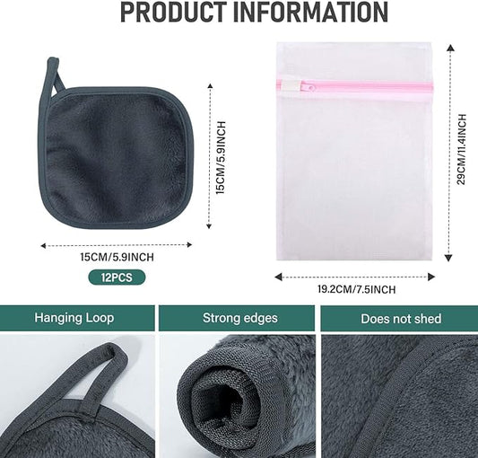 12 Pack Makeup Remover Cloth, 6" x 6" Reusable Makeup Remover Towels Face Washcloth for Washing Face, Makeup Remover Pads Cosmetic Face Wash (Grey)