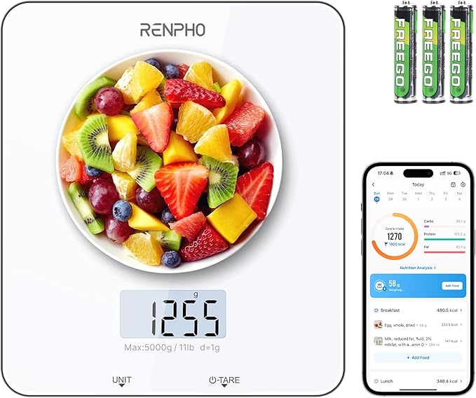 RENPHO Food Scale with Nutritional Calculator, Digital Kitchen Scale for Weight Loss, Smart Food Weight Scale with App for Macro Keto Calorie Cooking, Grams and Ounces, White, 11lb/5kg