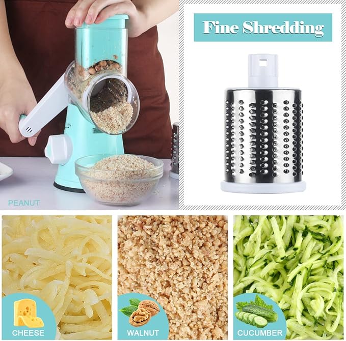 Ourokhome Rotary Cheese Grater Hand Crank, Kitchen Shredder Speed Mandolin Slicer Nut Grinder with Handle and Drum Blades for Cheese, Vegetable, Walnut, Chocolate, Potato, Carrot, 3 Blades, Blue
